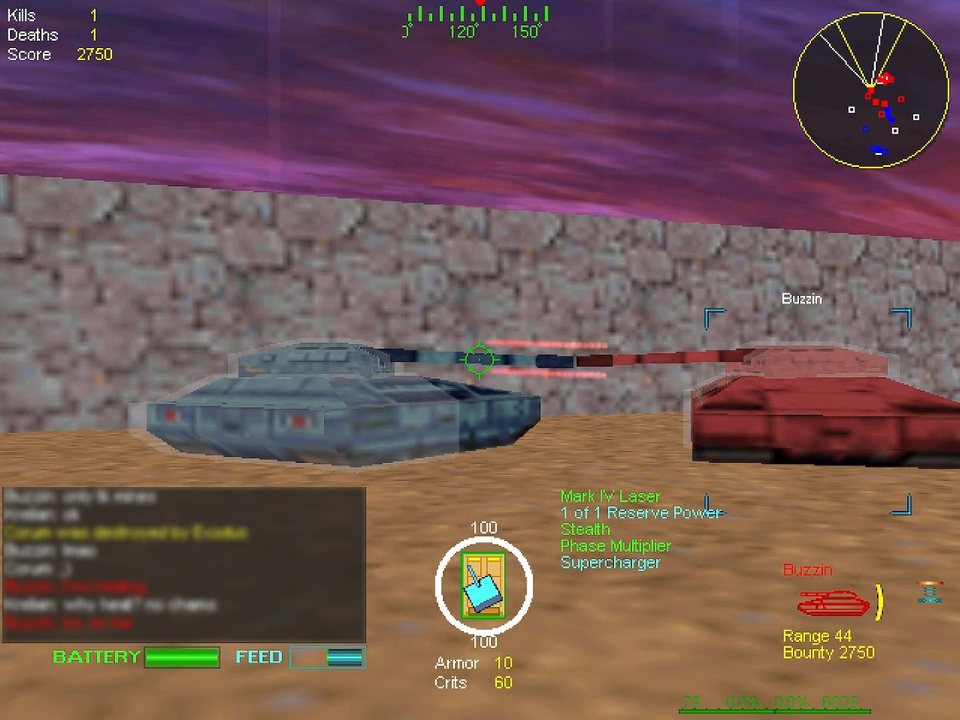 Two tanks trading laser fire at point-blank range beside a stone wall