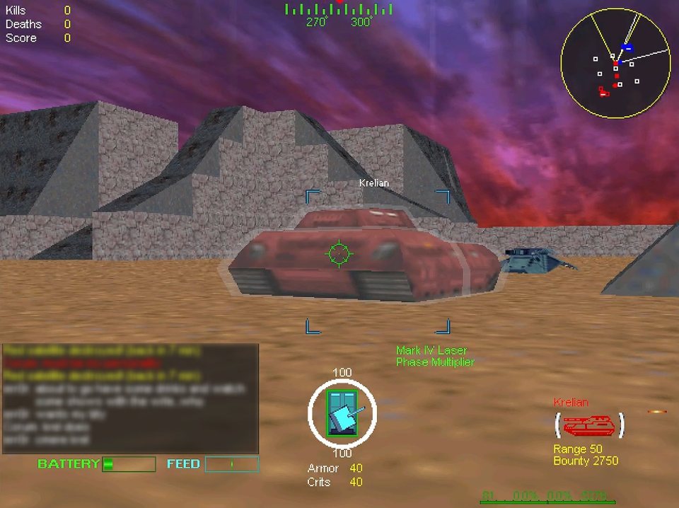 A red tank locked in the targeting brackets, with a blue tank beyond it, under a stone ridge